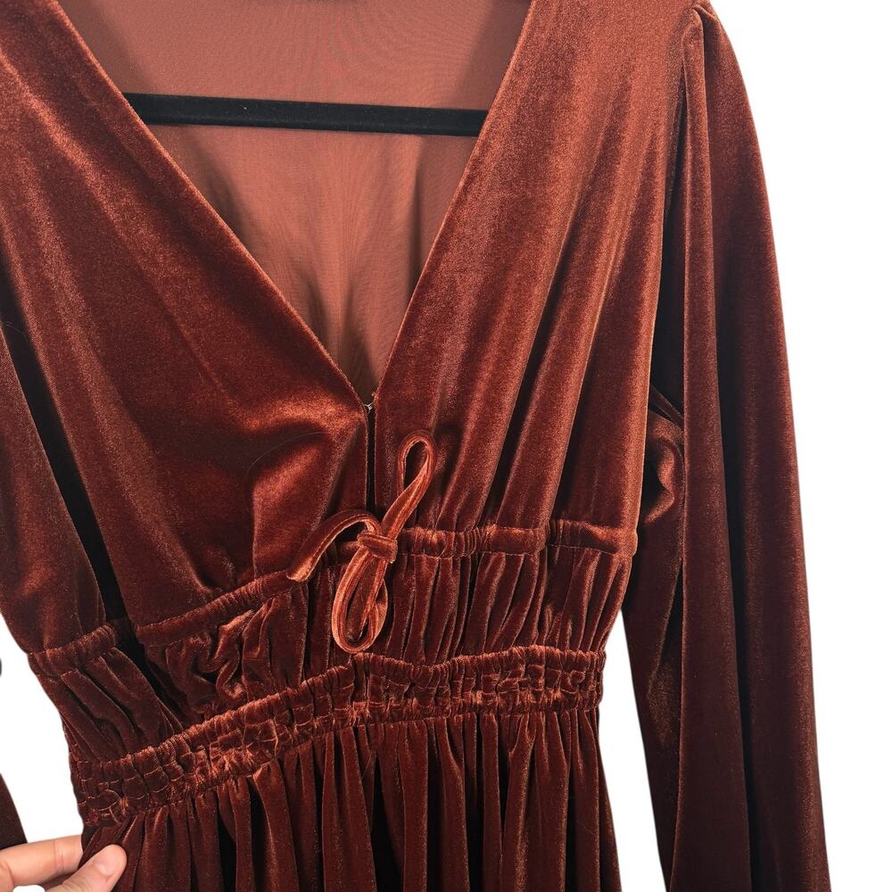 Petal + Pup Cece Rust Orange Velvet Long Sleeve Maxi Dress Boho Womens Small - Picture 5 of 8
